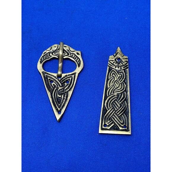 Medieval Style Viking Belt Buckle & End Tip Embossed Brass Tone